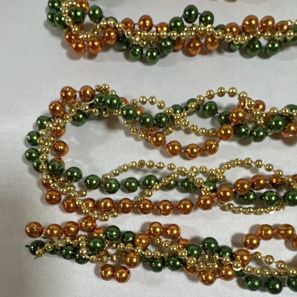 Vintage Faux Plastic Beaded Garland Green Gold Orange Holiday Strand Almost 9 ft